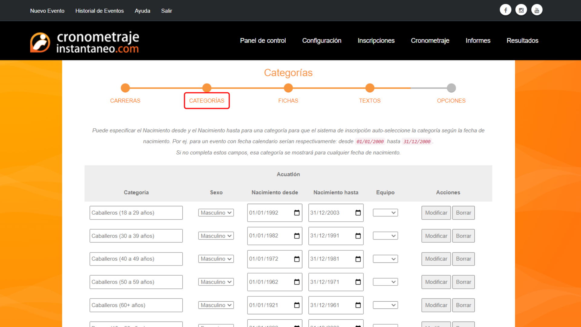 carreras categorias y datos